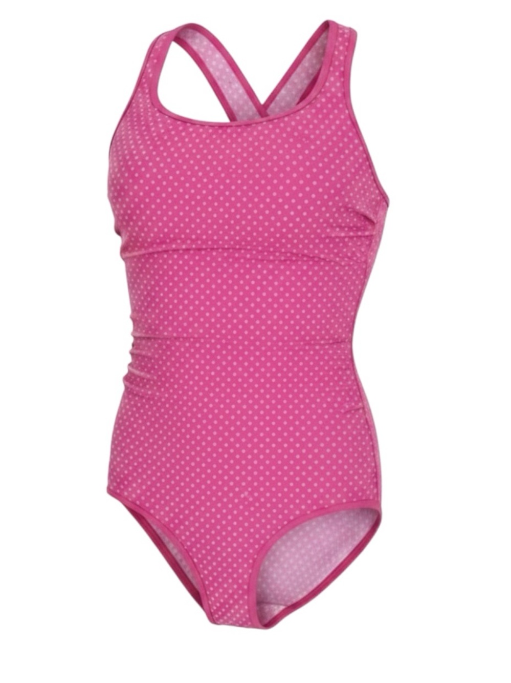 Lands’ End Girls Size 6 One Piece Swimsuit Pink‎ White Polka Dot Racerback Lined